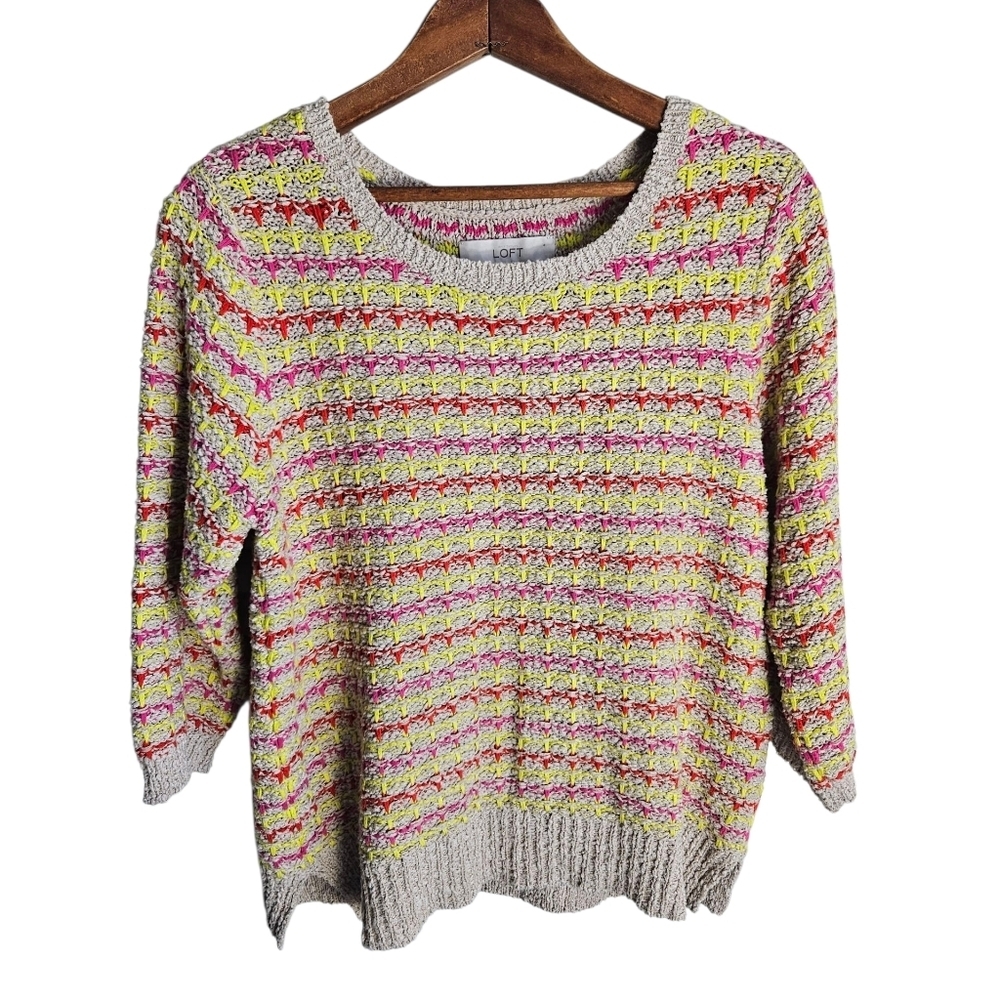 Loft Cozy and Colorful Striped Women's Textured Oatmeal Sweater, Large